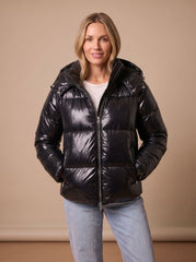 Cozy Glossy Puffer Jacket for Women with Hooded Collar Long Sleeve Quilted Zip Winter Style