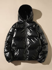 Cozy Glossy Puffer Jacket for Women with Stand Collar Long Sleeve Quilted Zip Winter Style