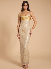 Elegant Gold Sequin Wedding Guest Gown for Women with Strapless Pearl Bodycon Floor-Length Formal Style