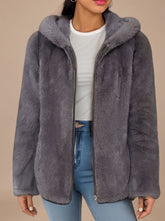 Cozy Hooded Faux Fur Jacket for Women with Zip-Up Long Sleeve Plush Teddy Oversized Style