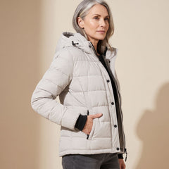 Cozy Black Puffer Jacket for Women with Hooded Collar Zip Up Quilted Lightweight Winter Style