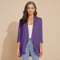 Cozy Purple Cardigan Sweater for Women with Open Front 3/4 Sleeve Lightweight Wrap Style