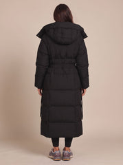 Cozy Longline Puffer Coat for Women with Hooded Collar Long Sleeve Belted Oversized Winter Style