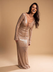 Elegant Champagne Sequin Cocktail Midi Dress for Women with Long Sleeve V-Neck Bodycon Holiday Party Style