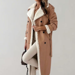 Chic Long Teddy Coat for Women with Notched Lapel Long Sleeve Belted Shearling Style