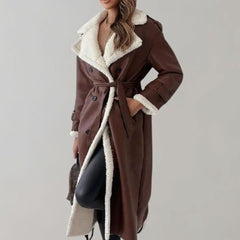 Chic Long Teddy Coat for Women with Notched Lapel Long Sleeve Belted Shearling Style