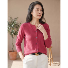 Cozy Purple Cashmere Cardigan Sweater for Women with Round Neck Button Front Long Sleeve Knit Style