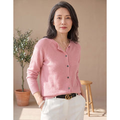 Cozy Purple Cashmere Cardigan Sweater for Women with Round Neck Button Front Long Sleeve Knit Style