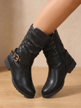 Chic Black Faux Leather Slouch Boots for Women with Buckle Strap Mid-Calf Side-Zip Block Heel Style