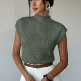 Chic Green Sweater Vest for Women with Mock Neck Cap Sleeve Knit Fitted Style