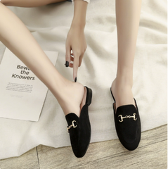 Comfortable Leather Mules for Women with Pointed Toe Chain Buckle Slip On Flat Loafer Style