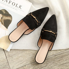 Elegant Leather Mules for Women with Pointed Toe Knot Buckle Slip On Flat Style