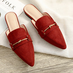 Elegant Leather Mules for Women with Pointed Toe Knot Buckle Slip On Flat Style