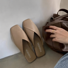 Comfortable Leather Mules for Women with Square Toe Slip On Flat Slide Style