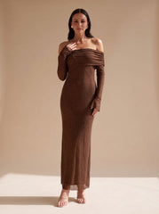 Elegant Brown Sequin Wedding Guest Gown for Women with Off-Shoulder Long Sleeve Floor-Length Fall Style