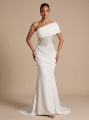Elegant Formal Wedding Guest Gown for Women with One-Shoulder Embellished Corset Draped Floor-Length Style