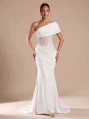 Elegant Formal Wedding Guest Gown for Women with One-Shoulder Embellished Corset Draped Floor-Length Style