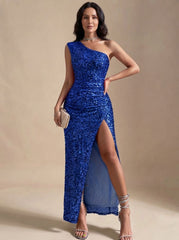Elegant Sequin Wedding Guest Gown for Women with One-Shoulder Ruched Bodycon High-Slit Floor-Length Style