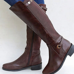 Comfortable Wide Calf Boots for Women with Knee High Elastic Panel Block Heel Round Toe Style