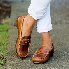 Classic Leather Penny Loafers for Women with Slip-On Moccasin Stitch Comfort Sole Round Toe Style