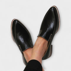 Chic Black Leather Loafers for Women with Pointed Toe Slip-On Comfort Sole Low Heel Style