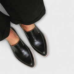 Chic Black Leather Loafers for Women with Pointed Toe Slip-On Comfort Sole Low Heel Style
