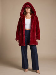 Cozy Faux Fur Coat for Women with Hooded Collar Long Sleeve Fluffy Oversized Winter Style