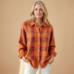 Cozy Plaid Knit Cardigan Sweater for Women with Button Front Long Sleeve Oversized Shacket Style