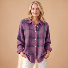 Cozy Plaid Knit Cardigan Sweater for Women with Button Front Long Sleeve Oversized Shacket Style