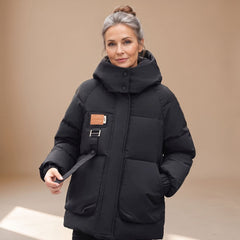 Cozy Black Puffer Jacket for Women with Hooded Collar Zip Up Quilted Oversized Winter Style