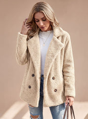 Cozy Teddy Fleece Coat for Women with Notched Lapel Long Sleeve Double Breasted Oversized Style