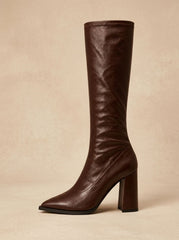Chic Faux Leather Knee High Boots for Women with Pointed Toe Chunky Block Heel Pull-On Style