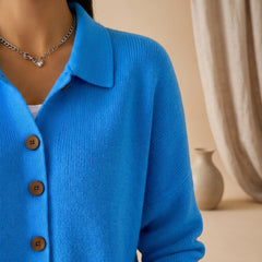 Cozy Blue Knit Cardigan Sweater for Women with Polo Collar Button Front Long Sleeve Oversized Style