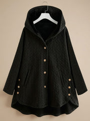 Cozy Quilted Hooded Coat for Women with Button Front Long Sleeve Asymmetric Cable-Knit Oversized Style