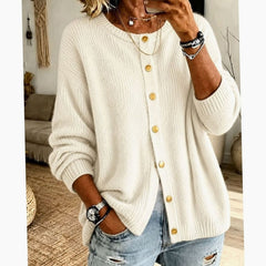 Cozy Knit Cardigan for Women with Round Neck Long Sleeve Button Front Oversized Style