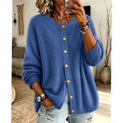 Cozy Knit Cardigan for Women with Round Neck Long Sleeve Button Front Oversized Style