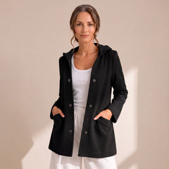 Cozy Red Wool Coat for Women with Hooded Collar Button Front Long Sleeve Relaxed Winter Style