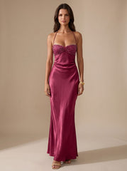 Elegant Formal Wedding Guest Gown for Women with Rhinestone Halter Sweetheart Satin Floor-Length Style