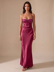 Elegant Formal Wedding Guest Gown for Women with Rhinestone Halter Sweetheart Satin Floor-Length Style