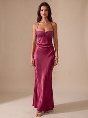 Elegant Formal Wedding Guest Gown for Women with Rhinestone Halter Sweetheart Satin Floor-Length Style