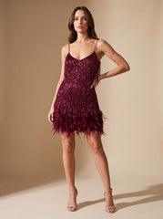 Elegant Sequin Cocktail Mini Dress for Women with Spaghetti-Strap Beaded-Fringe Feather Christmas Holiday Party Style
