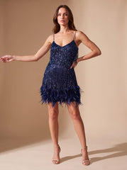 Elegant Sequin Cocktail Mini Dress for Women with Spaghetti-Strap Beaded-Fringe Feather Christmas Holiday Party Style