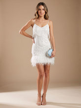 Elegant Sequin Cocktail Mini Dress for Women with Spaghetti-Strap Beaded-Fringe Feather Christmas Holiday Party Style