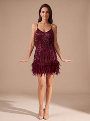 Elegant Sequin Cocktail Mini Dress for Women with Spaghetti-Strap Tiered Fringe Feather Christmas Holiday Party Style