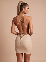 Elegant Sequin Cocktail Mini Dress for Women with Halter Deep-V Backless Bodycon Christmas Party Style