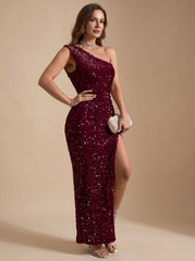 Elegant Sequin Wedding Guest Gown for Women with One-Shoulder High-Slit Bodycon Floor-Length Formal Style