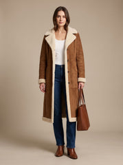 Cozy Brown Faux Suede Shearling Coat for Women with Notched Lapel Long Sleeve Button Front Maxi Style