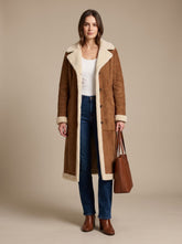 Cozy Brown Faux Suede Shearling Coat for Women with Notched Lapel Long Sleeve Button Front Maxi Style