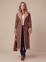 Cozy Brown Faux Suede Shearling Coat for Women with Notched Lapel Long Sleeve Button Front Maxi Style