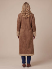 Cozy Brown Faux Suede Shearling Coat for Women with Notched Lapel Long Sleeve Button Front Maxi Style